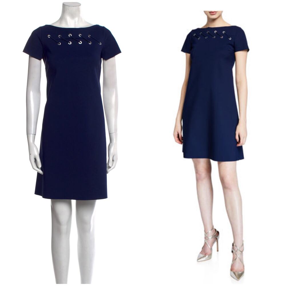 Chiara Boni Blue Rosario Shift Mini Dress Size 42 Silver Grommets Cocktail Chic